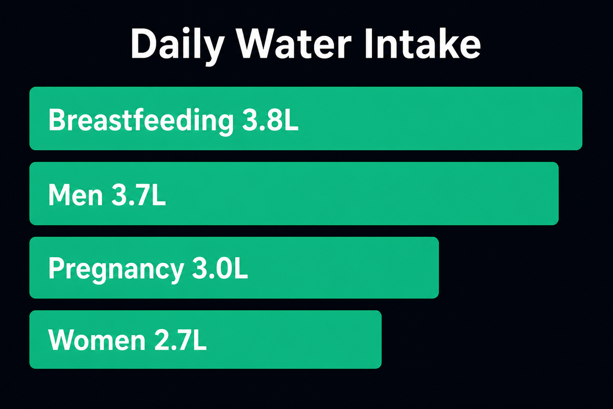 Bar chart of daily total water intake: breastfeeding 3.8 litres, men 3.7 litres, pregnancy 3.0 litres, women 2.7 litres